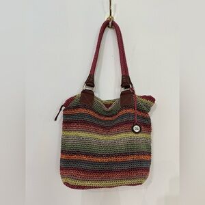 The Sak Cambria Hand Crochet Multi Coloured Gypsy Hobo Striped Tote Bag Purse